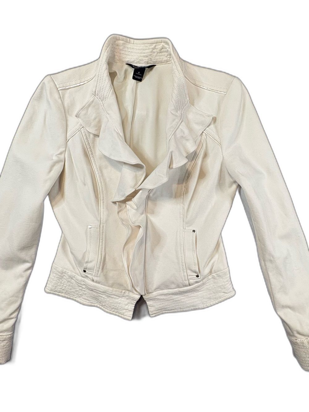 White House Black Market Cream  Ruffle Front Moto Knit Blazer Jacket - Size 4